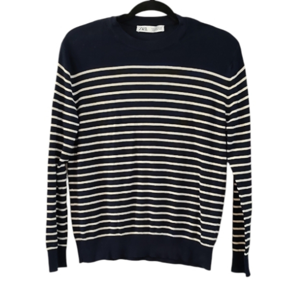 Zara Navy and Cream Striped Crewneck Long Sleeve Sweater